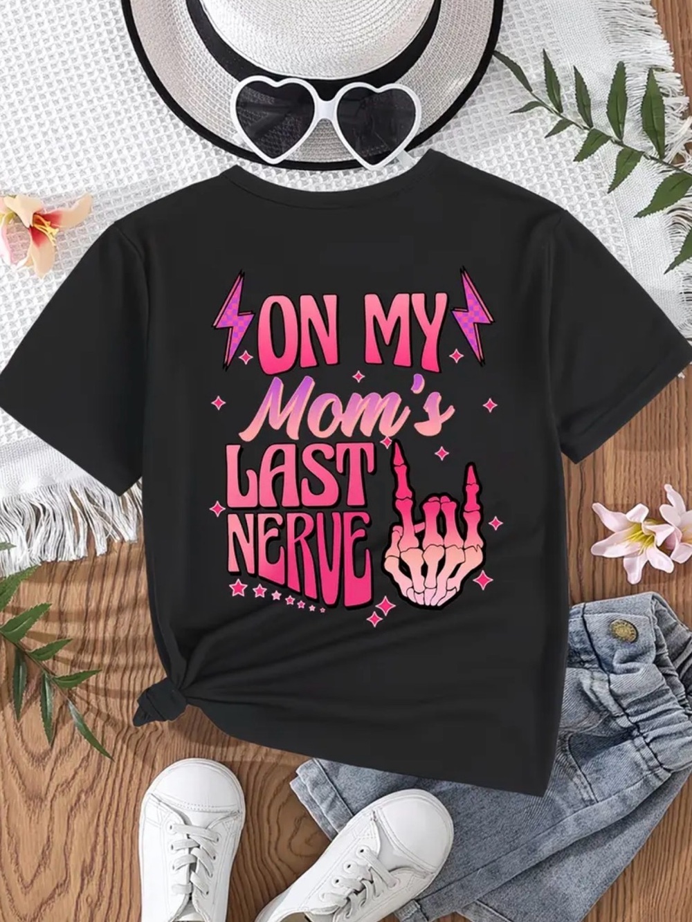 On My Mom's Last Nerve Kids Graphic Tee - Black & Pink